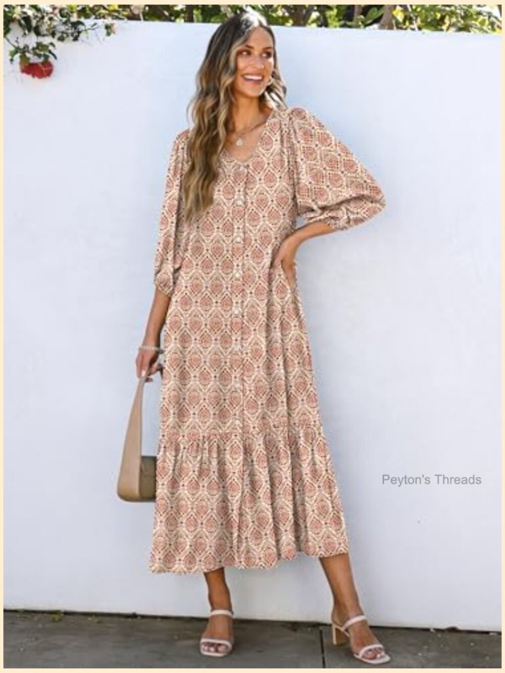Boho Maxi Dress with Puff Sleeves Pockets Flowy Long Casual - Picture 2 of 7
